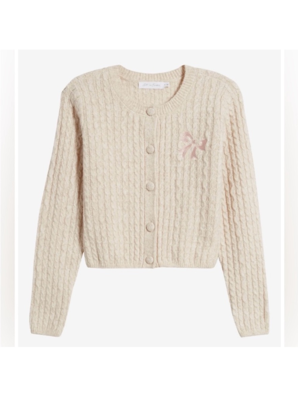 NWT All in Favor Oatmeal Bow Embroidered Cable Knit Wool Blend Cardigan Sweater